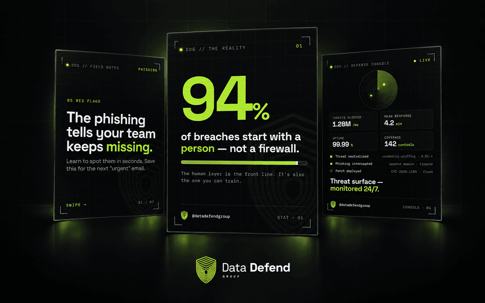 The Data Defend Group identity and campaign system presented as a security installation.