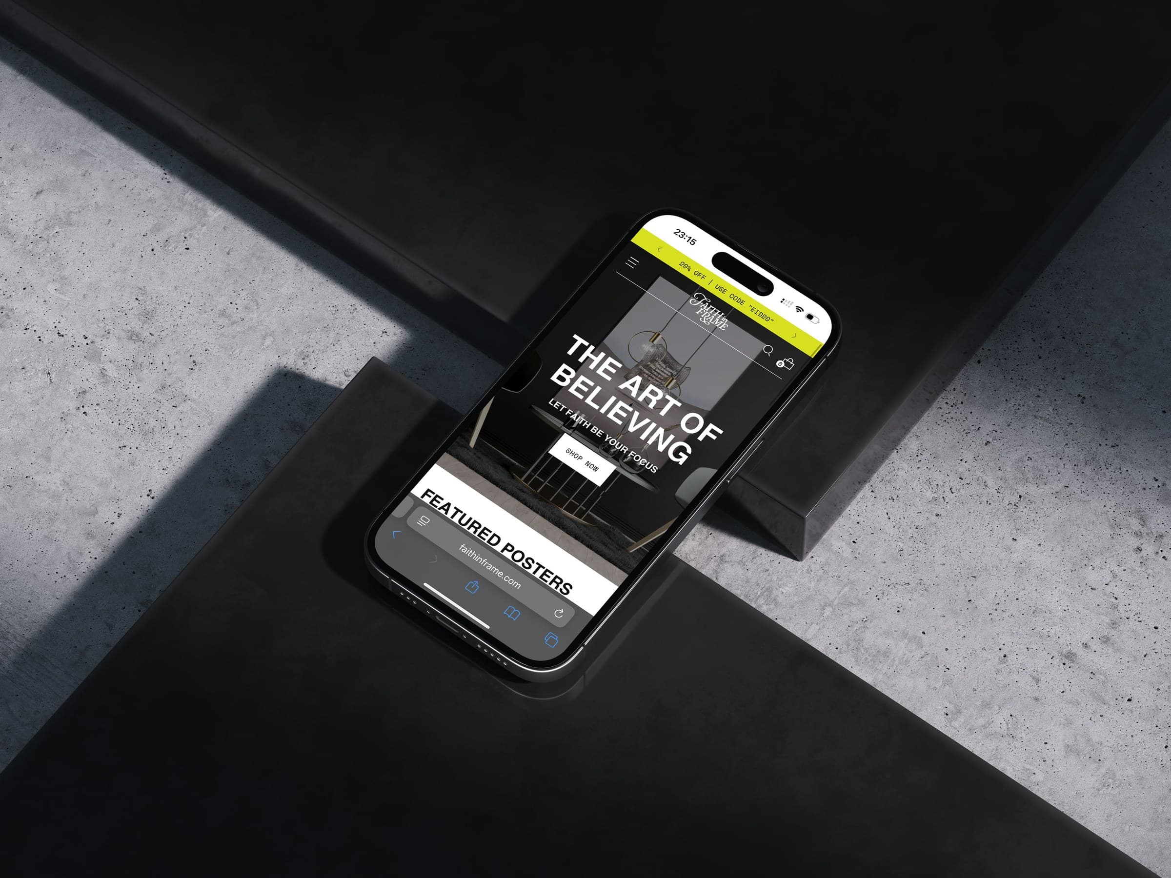 The Faith In Frame mobile homepage presented on a phone within a dark architectural setting.