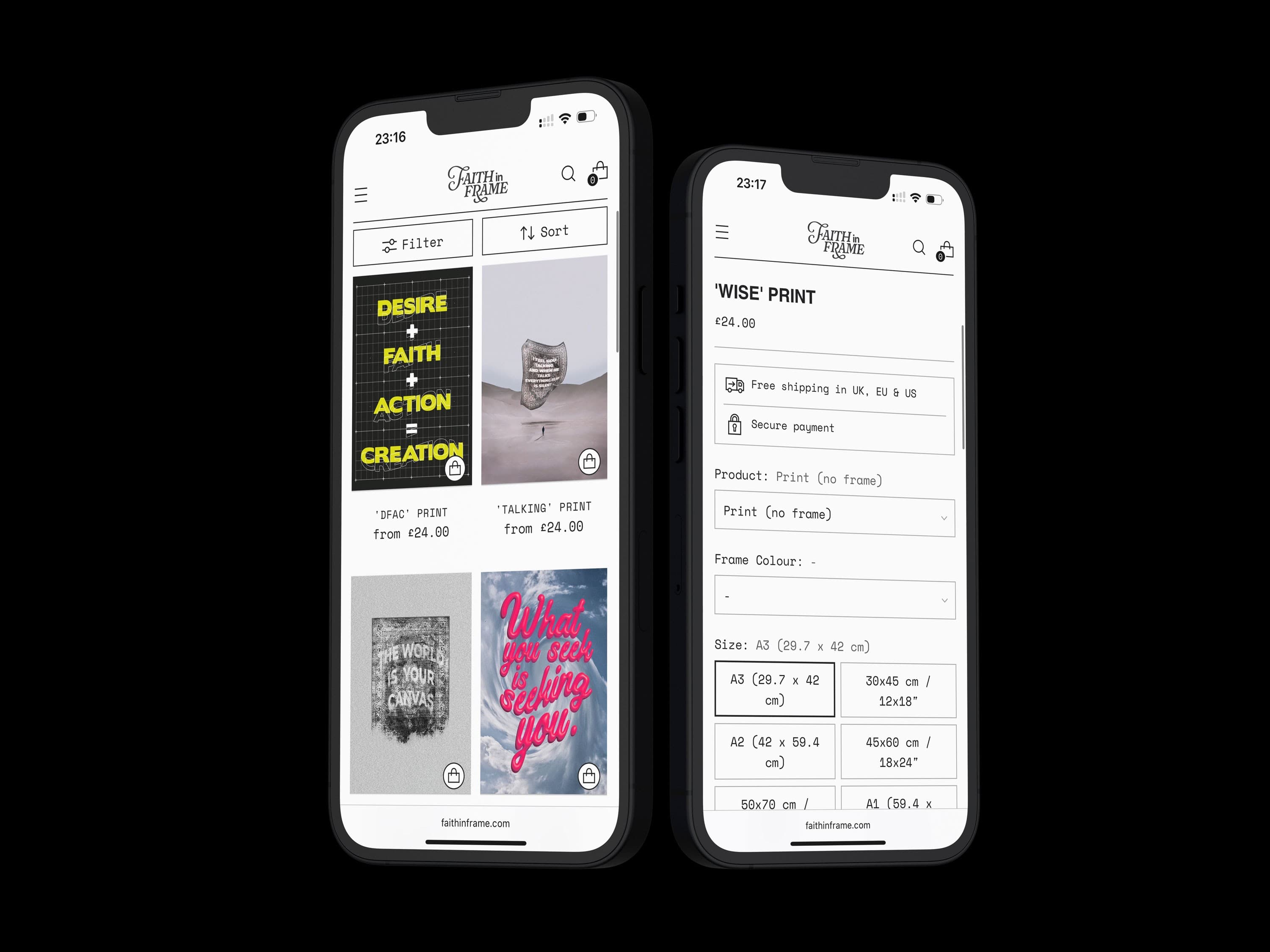 Faith In Frame catalogue and product configuration shown on two mobile phones.