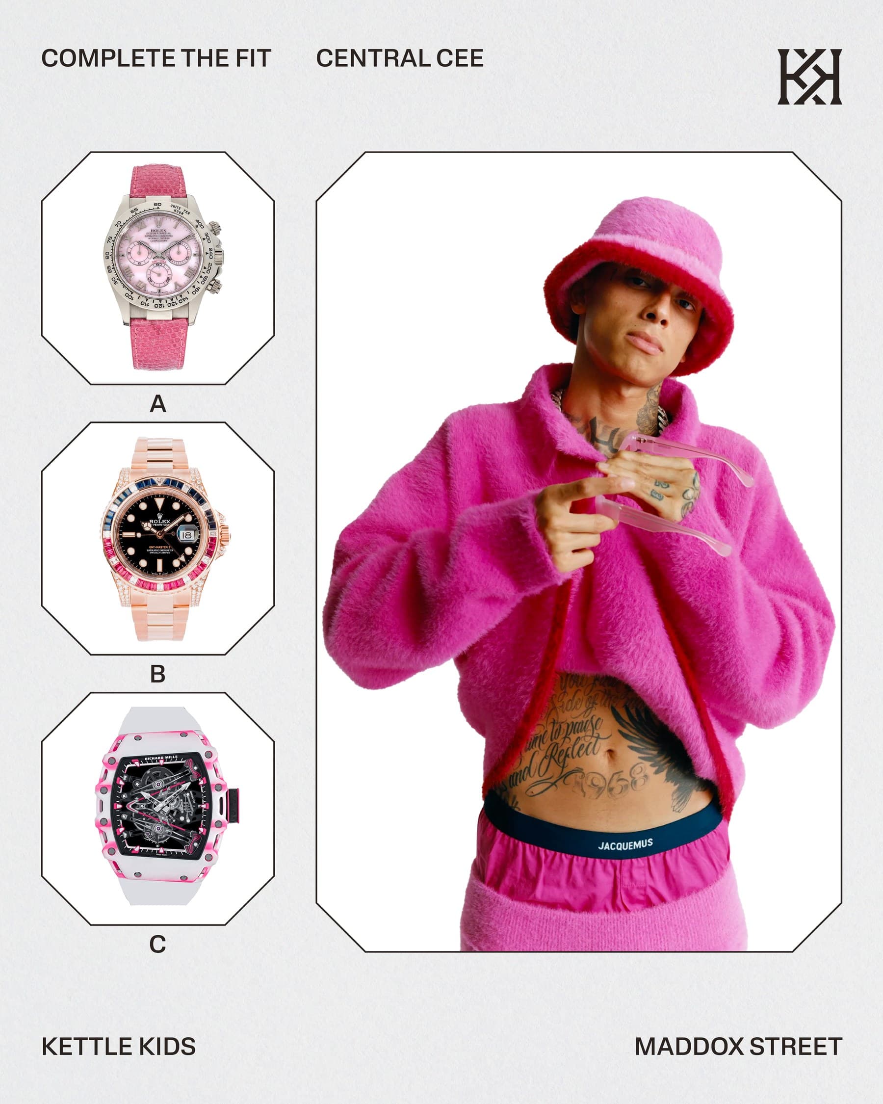 Complete The Fit asks the audience to choose a watch for a Central Cee outfit.