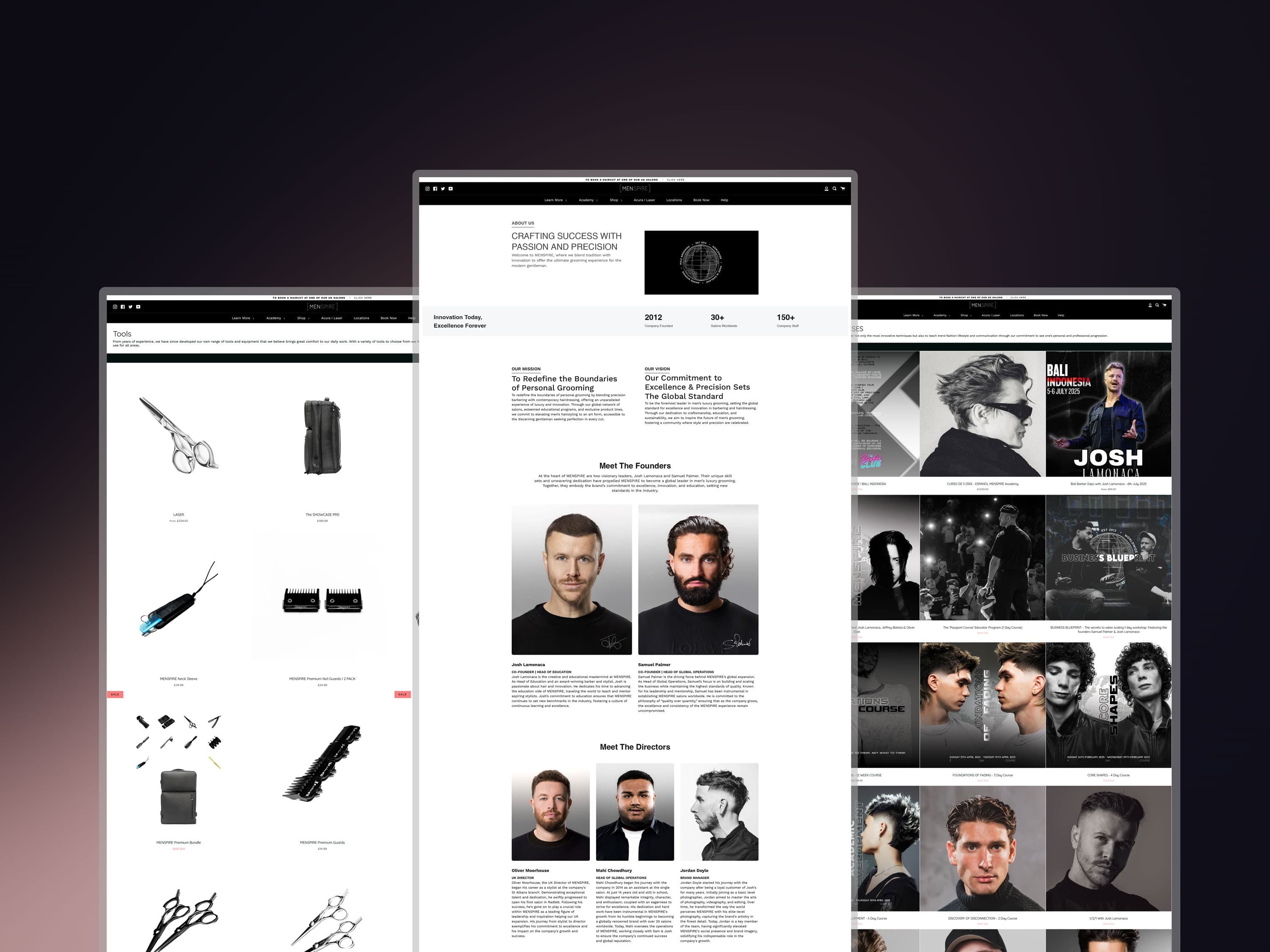 Three Menspire website surfaces composed together on a dark background.