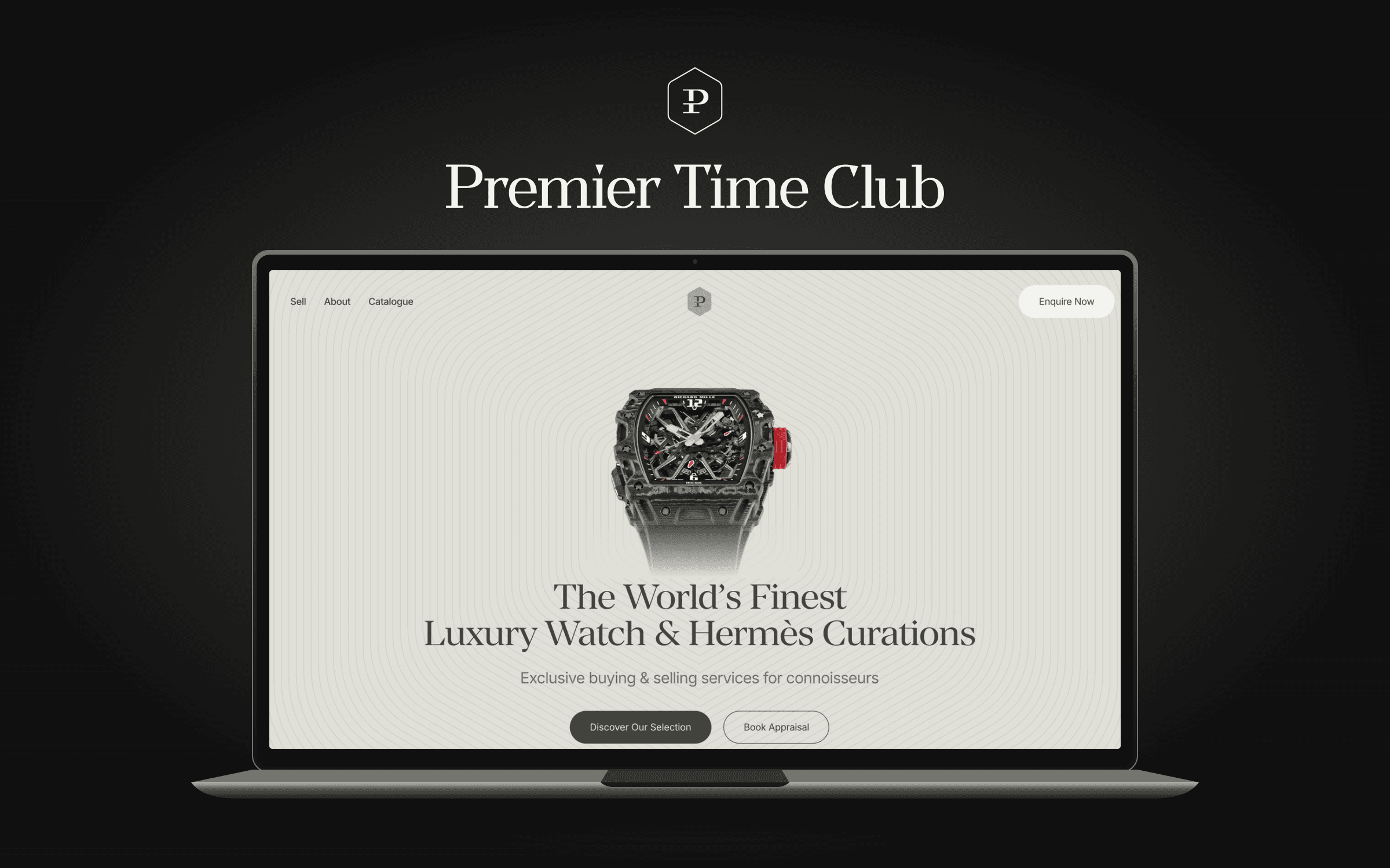 The original Premier Time Club logo above its website presented on a laptop.