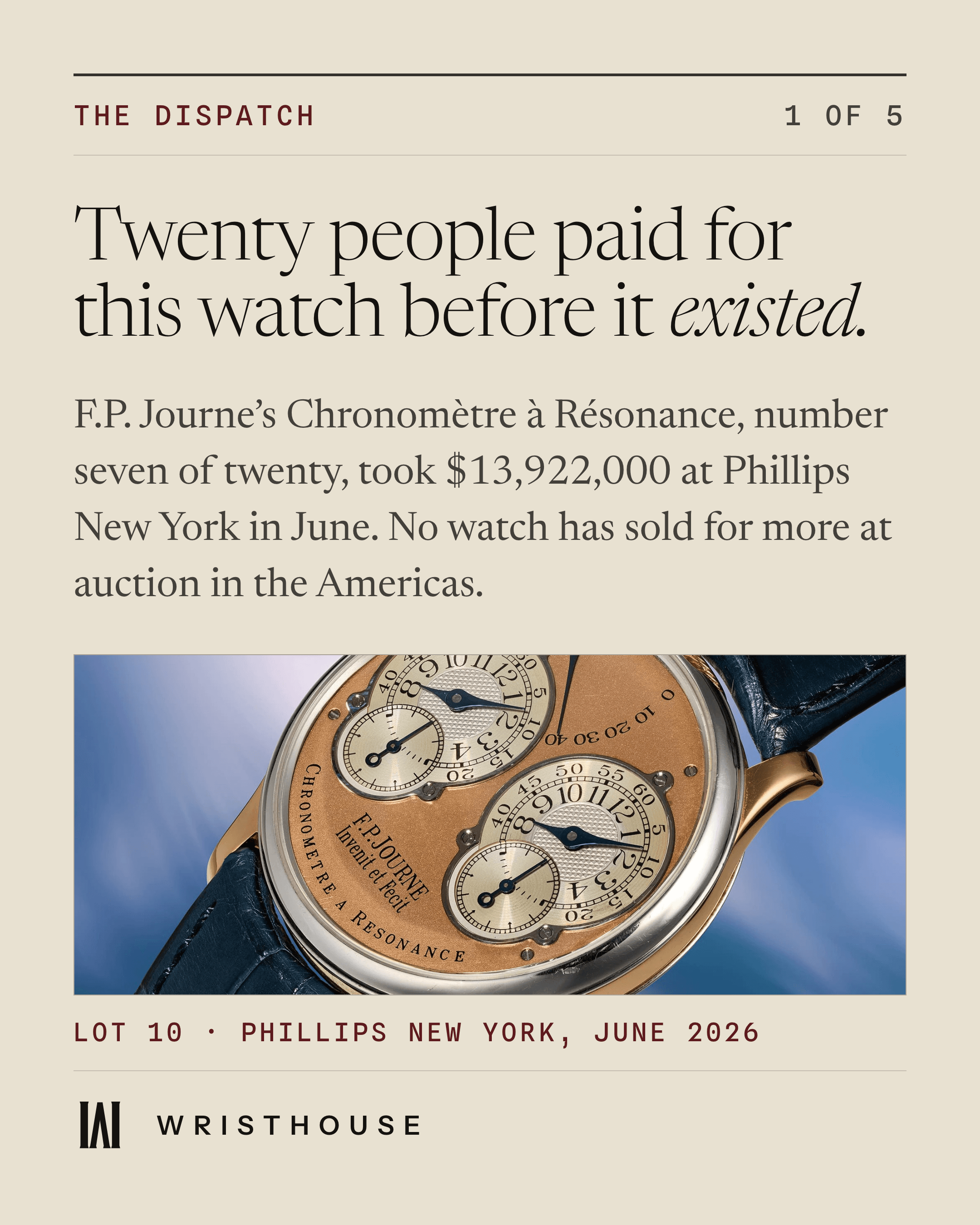 The Dispatch cover telling the story of a record-setting F.P. Journe Resonance.